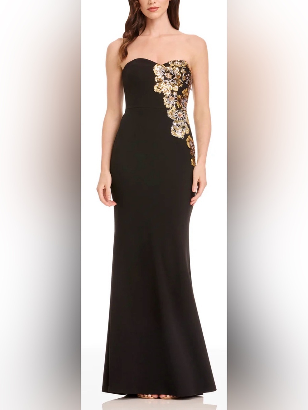 Dress the Population Black Strapless Maxi Gown with Gold Sequin Floral Detail